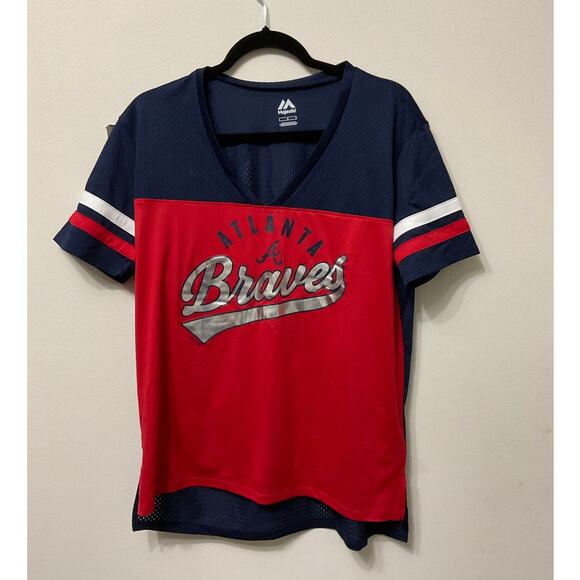 NWOT Women's Majestic MLB Atlanta Braves Jersey T-shirt Sz L - Picture 1 of 4